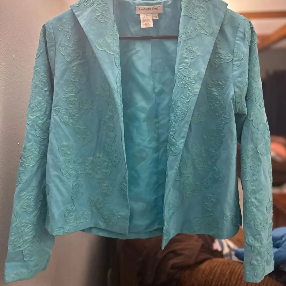 Coldwater Creek Swing Open Front Embroidered  Blazor Silk Linen Aqua Petite S